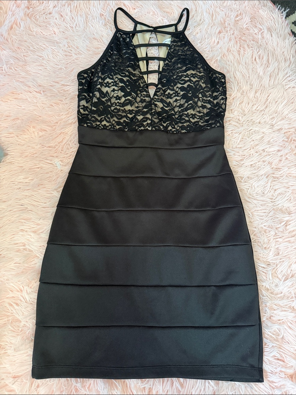 Emerald Sundae Black Lace Strappy Mini Dress